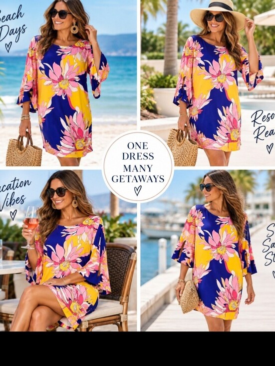 Trina Turk Dresses & Skirts - Trina Turk Floral Shift Dress Large L Pink Yellow Blue Bell Sleeve Stretch Beach